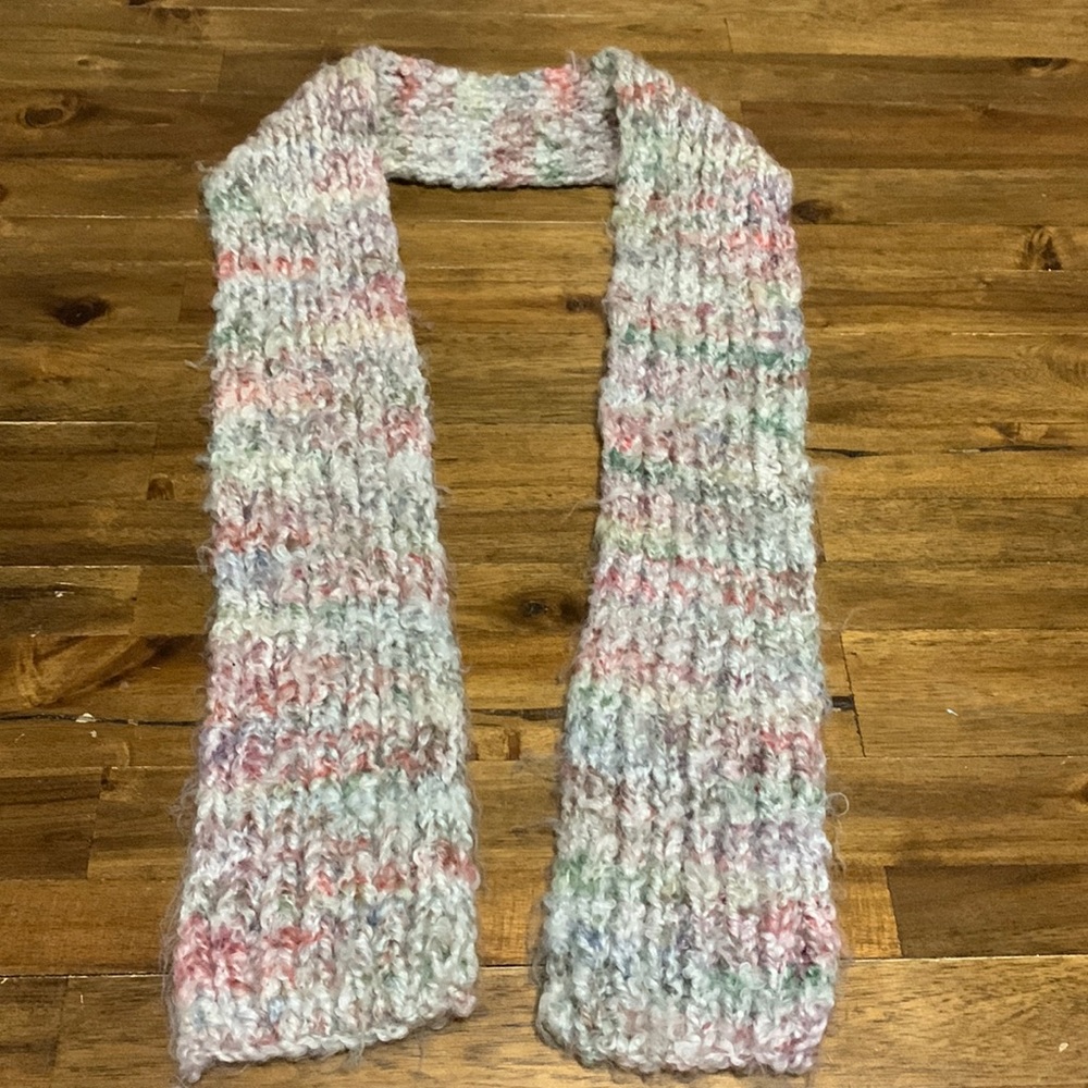 Women's scarf, colors grey, purple, pink, green, length 59”. hand-knitted.